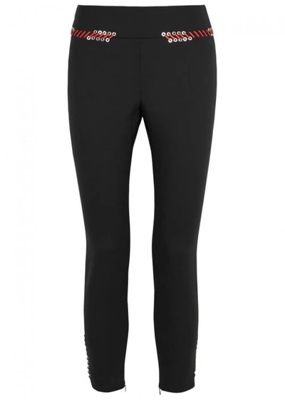 Shop Alexander Mcqueen Leather-trimmed Wool Blend Leggings In Black And Red