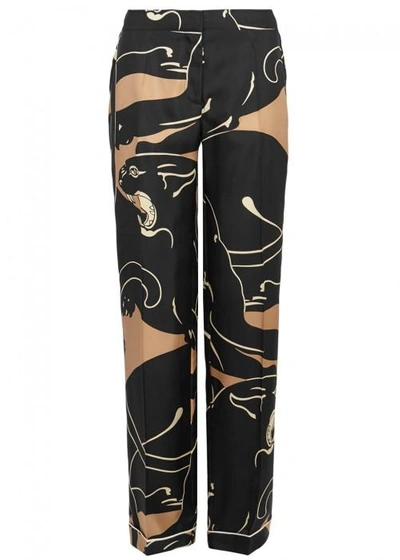 Shop Valentino Panther-print Wide-leg Silk Trousers In Black