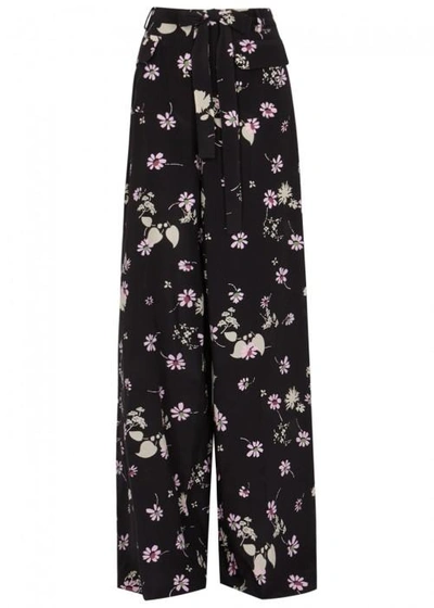 Shop Valentino Floral-print Wide-leg Silk Trousers In Black