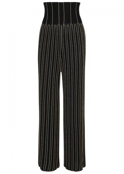 Shop Balmain Striped Wide-leg Stretch-knit Trousers In Black