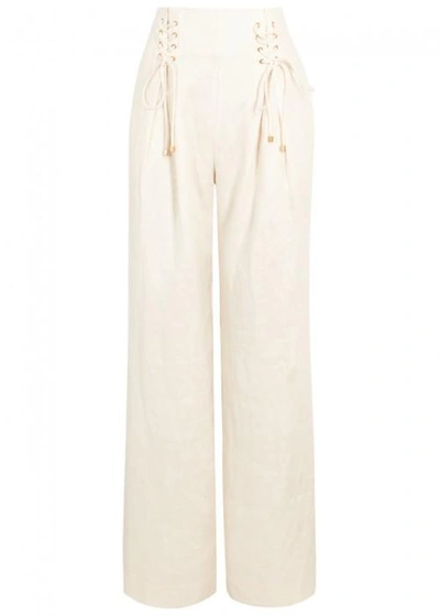 Shop Zimmermann Painted Heart Wide-leg Linen Trousers In Cream