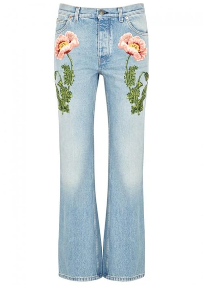 Shop Gucci Floral-appliquéd Flared Jeans In Light Blue