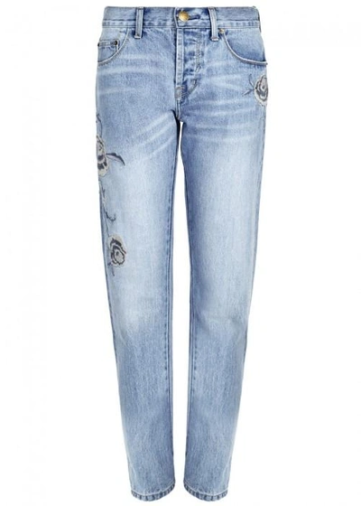 Shop Current Elliott The Crossover Embroidered Boyfriend Jeans In Blue