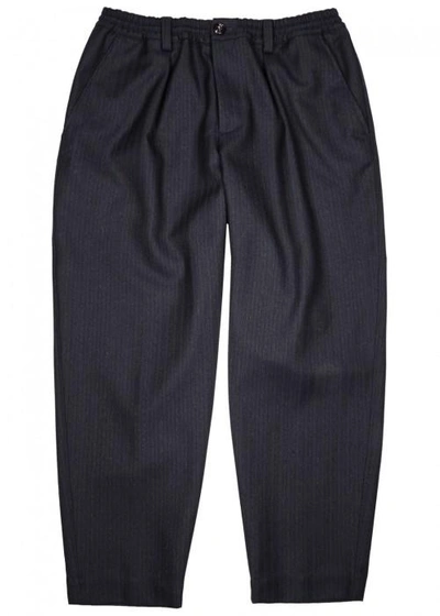 Shop Marni Navy Cropped Wool Trousers