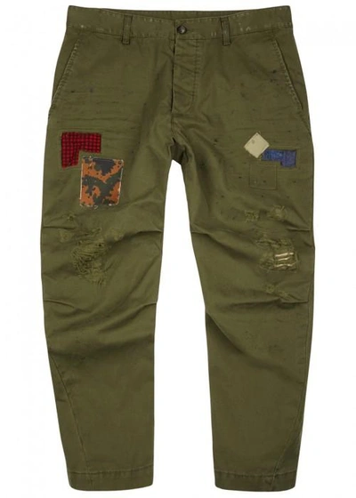 Shop Dsquared2 Olive Distressed Cropped Cotton Trousers In Khaki
