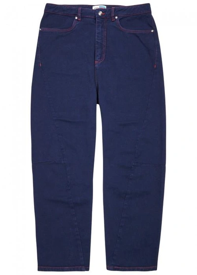 Shop Kenzo Blue Cropped Cotton Twill Trousers In Navy