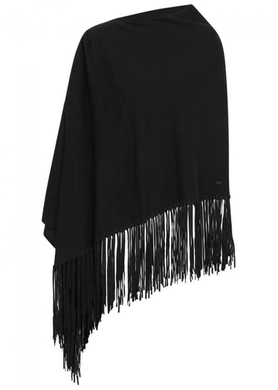 Shop Armani Collezioni Black Fringed Wool Blend Poncho