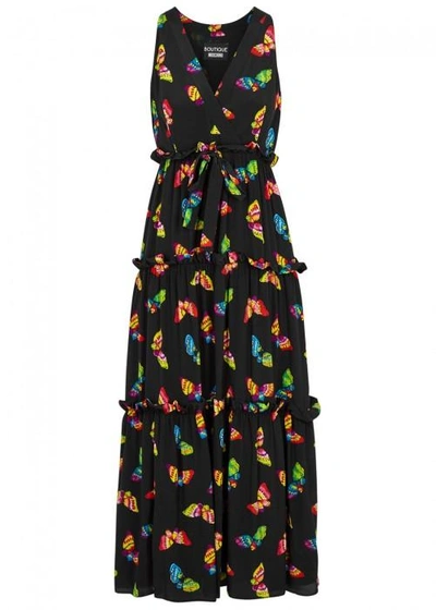 Shop Boutique Moschino Butterfly-print Silk Midi Dress In Black