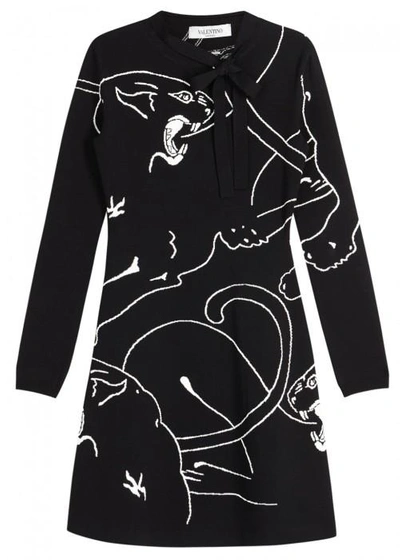 Shop Valentino Panther-jacquard Stretch-knit Dress In Black