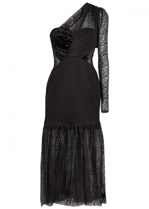 Three Floor Bold One-shoulder Velvet And Lace Midi Dress In Black ...