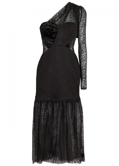 Shop Three Floor Bold One-shoulder Velvet And Lace Midi Dress In Black