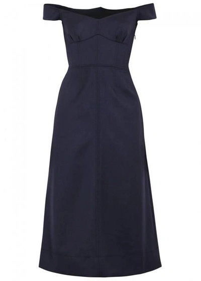 Shop Gabriela Hearst Navy Off-the-shoulder Wool Twill Dress In Dark Blue