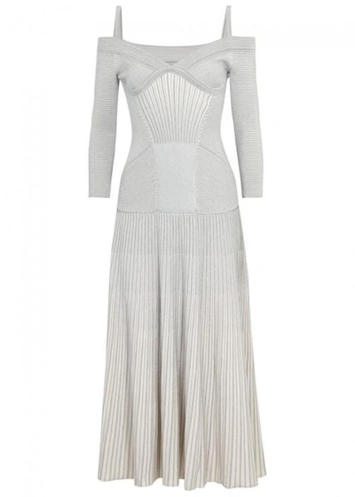 Shop Alexander Mcqueen Silver Ribbed Wool Blend Midi Dress In Ivory