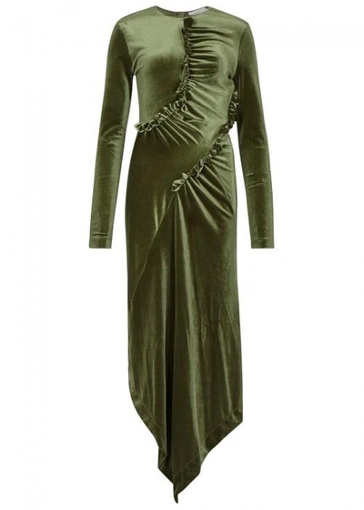 Shop Preen By Thornton Bregazzi Tegan Green Asymmetric Velvet Dress In Khaki