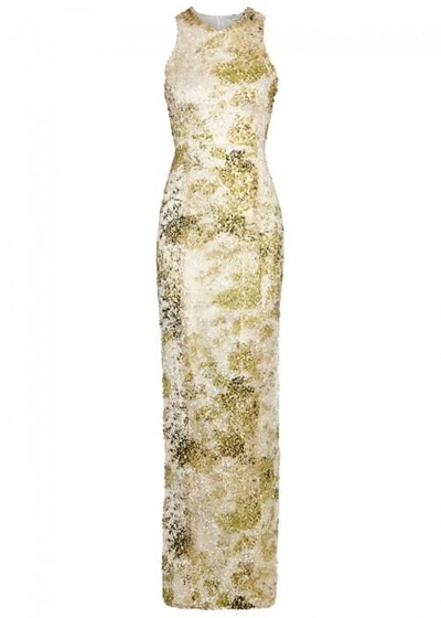 Shop Galvan Chartreuse And White Sequinned Gown In Gold