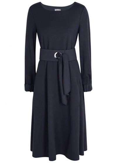 Shop Armani Collezioni Navy Belted Jersey Dress