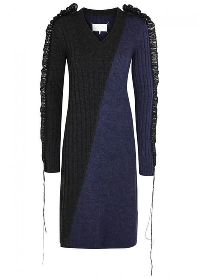 Shop Maison Margiela Navy Colour-block Ribbed Wool Midi Dress In Charcoal