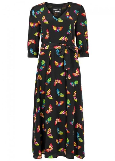 Shop Boutique Moschino Butterfly-print Silk Midi Dress In Black
