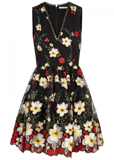 Shop Alice And Olivia Becca Floral-embroidered Tulle Dress In Black