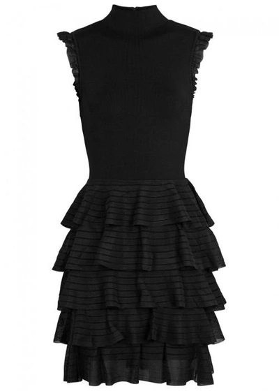 Shop Alice And Olivia Janice Ruffled Stretch-knit Dress In Black