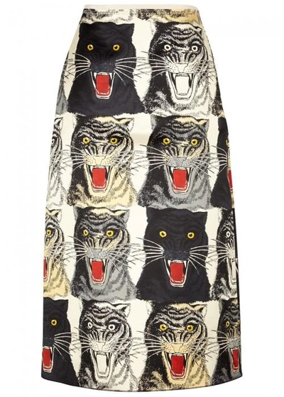 Shop Gucci Tiger Face Printed Silk Skirt In Multicoloured