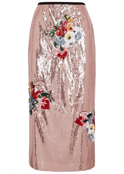 Shop Erdem Sacha Pink Sequinned Midi Skirt