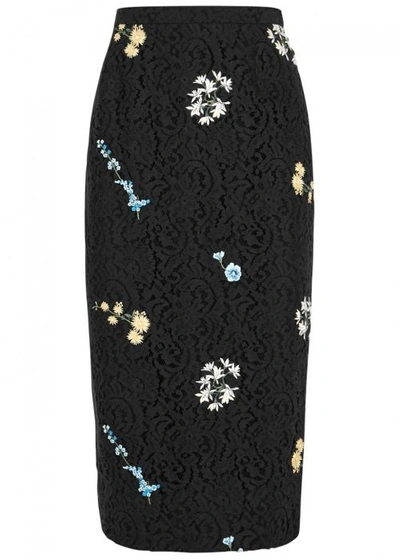 Shop N°21 Black Floral-embroidered Lace Pencil Skirt