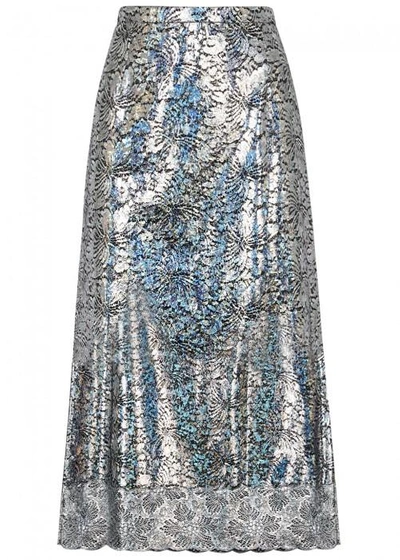 Shop Christopher Kane Silver Iridescent Lace Midi Skirt