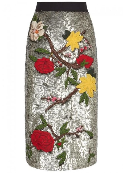 Shop Alice And Olivia Ella Embroidered Sequinned Pencil Skirt In Silver