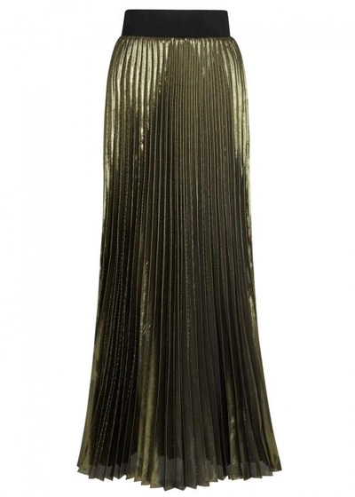 Shop Galvan Olive Pleated Lurex Maxi Skirt In Dark Green