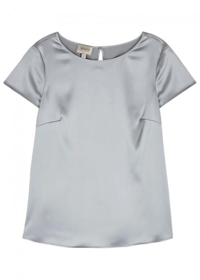 Shop Armani Collezioni Grey Silk Satin Top In Light Grey