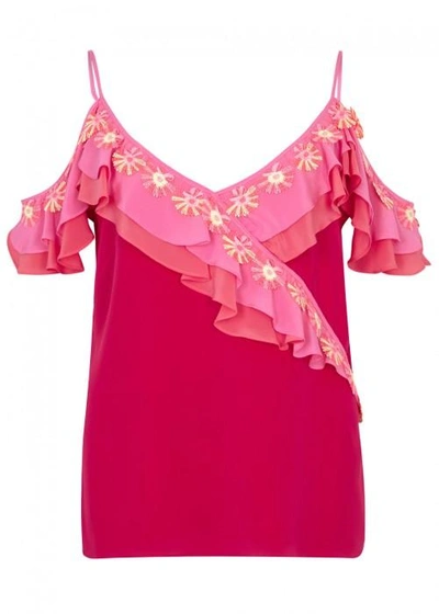 Shop Peter Pilotto Hot Pink Ruffle-trimmed Silk Top