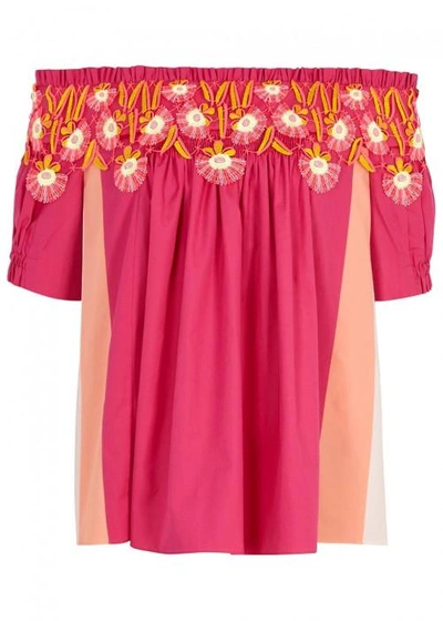 Shop Peter Pilotto Hot Pink Off-the-shoulder Cotton Top In Fuchsia