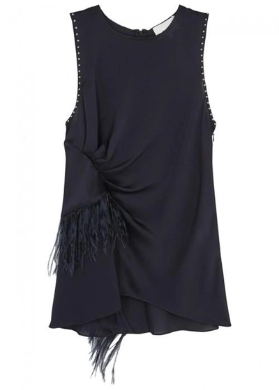 Shop 3.1 Phillip Lim / フィリップ リム Navy Feather-trimmed Silk Top In Mid Blu