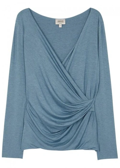 Shop Armani Collezioni Blue Wrap-front Jersey Top In Light Blue