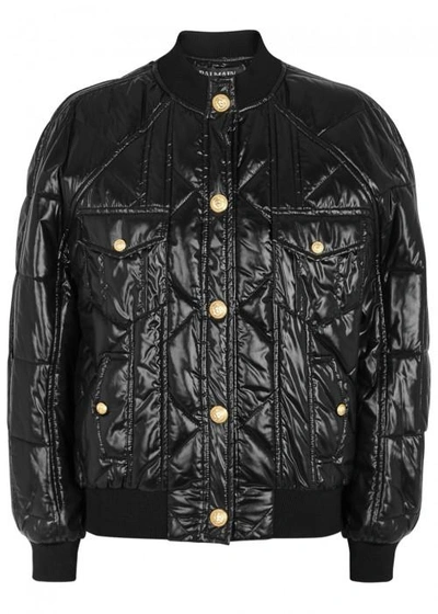 Shop Balmain Black Quilted Shell Bomber Jacket