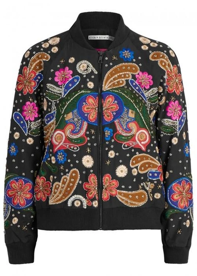 Shop Alice And Olivia Felisa Embroidered Silk Bomber Jacket In Multicoloured