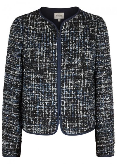 Shop Armani Collezioni Navy Sequin-embellished Tweed Jacket