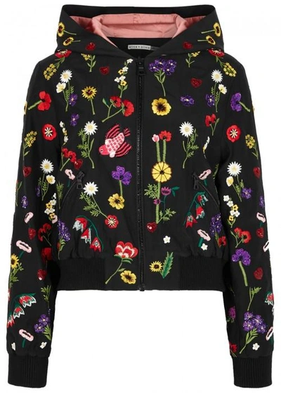 Shop Alice And Olivia Lonnie Embroidered Silk Bomber Jacket In Black