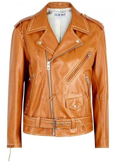 Shop Loewe Caramel Whipstitched Leather Biker Jacket In Brown