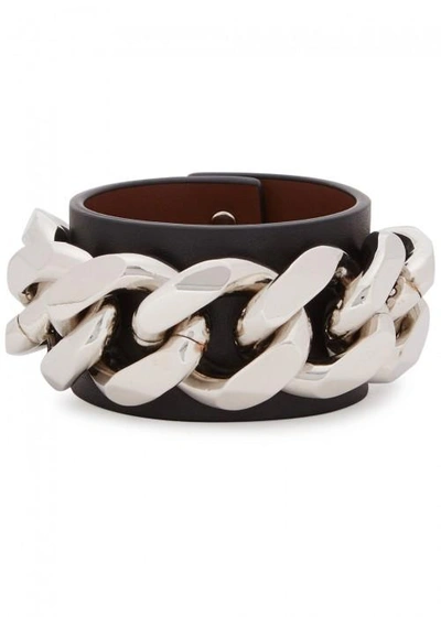 Shop Givenchy Infinity Black Leather Cuff In Silver