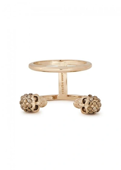 Shop Alexander Mcqueen Swarovski Crystal-embellished Twin Skull Ring In Gold