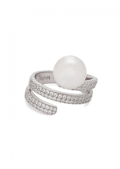 Shop Apm Monaco Crystal-embellished Sterling Silver Ring In Pearl