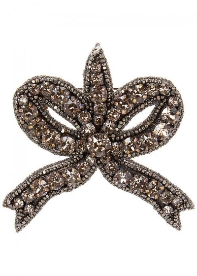 Shop Gucci Crystal-embellished Bow Brooch In Gunmetal