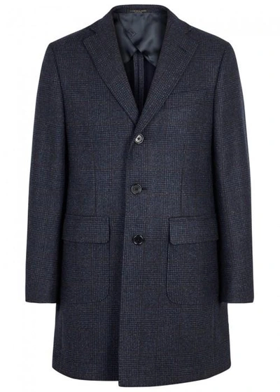 Shop Corneliani Navy Checked Wool Coat