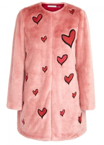Shop Alice And Olivia Madge Heart-appliquéd Faux Fur Coat In Pink