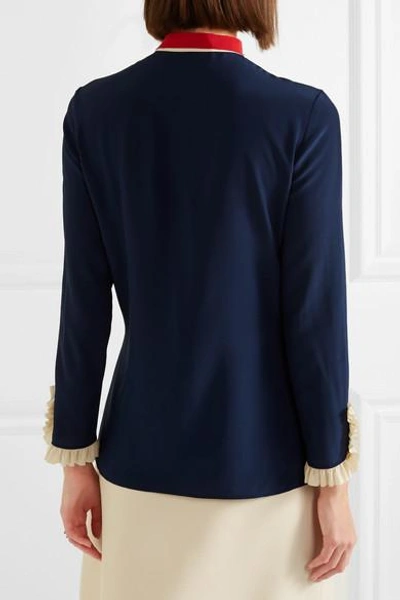 Shop Gucci Pussy-bow Ruffled Silk Blouse In Navy