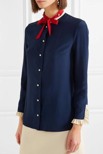 Shop Gucci Pussy-bow Ruffled Silk Blouse In Navy