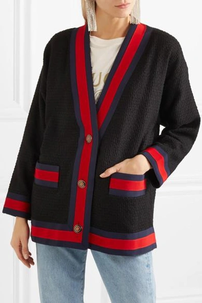 Shop Gucci Grosgrain-trimmed Cotton-blend Tweed Cardigan In Black