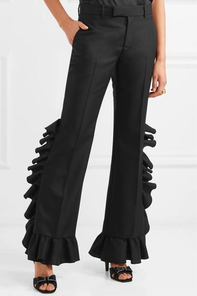 Shop Gucci Ruffled Wool And Mohair-blend Flared Pants In Black